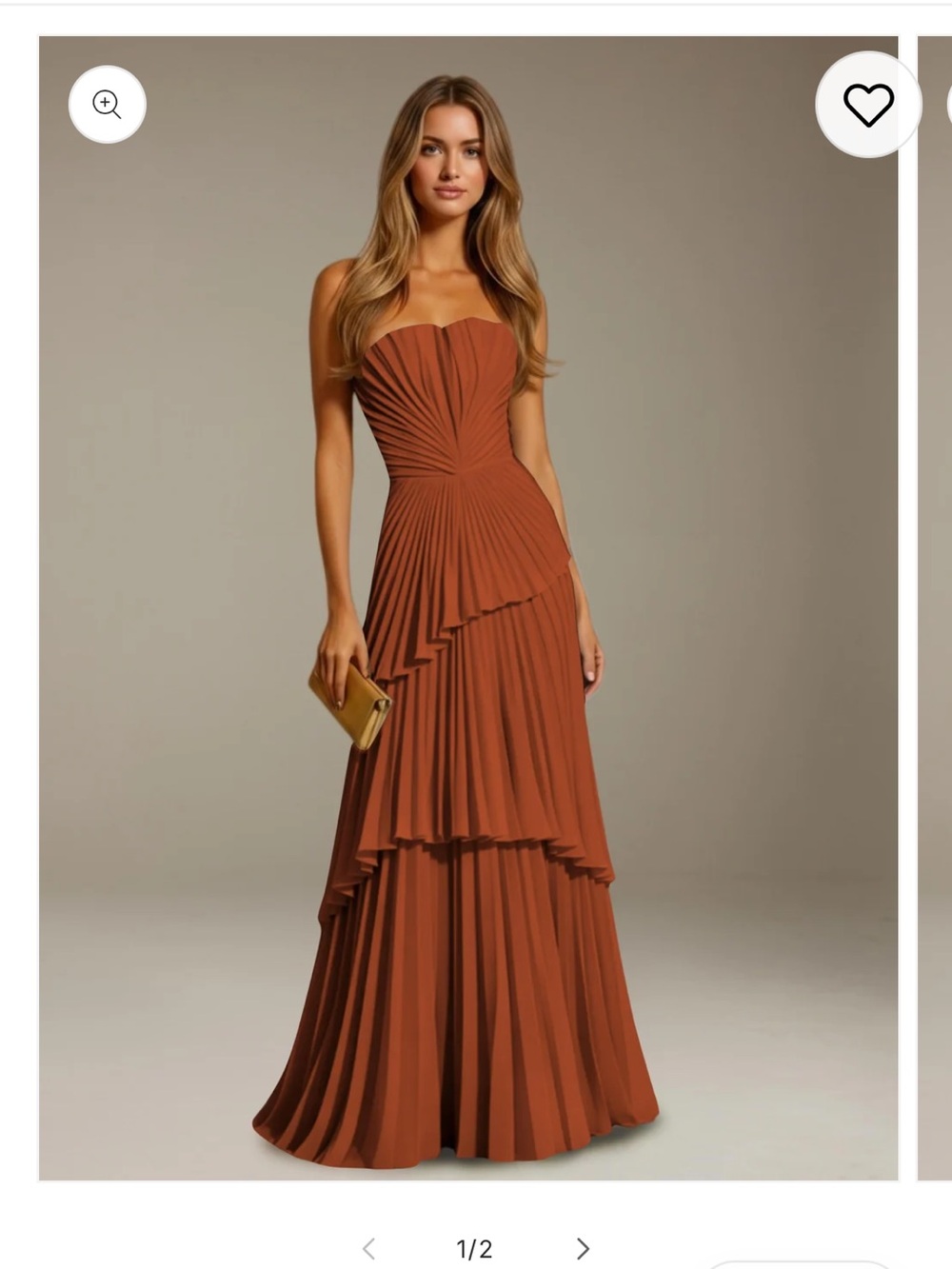 Strapless Tiered Pleated Gown in Rust